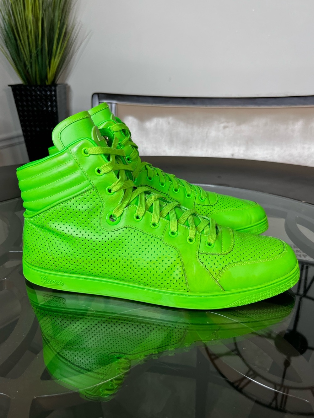 GUCCI Coda Giallo Fluo Neón Green High Top Sneakers Size 14.5